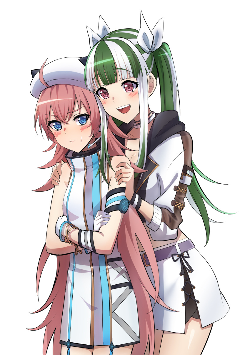 2girls :d absurdres ahoge armband bang_dream! bangs bare_shoulders beret blue_eyes blunt_bangs blush bracelet breasts cleavage closed_mouth collar collarbone commentary cosplay cowboy_shot cropped_jacket crossed_arms d4dj dress eyebrows_visible_through_hair flat_chest gloves green_hair hair_between_eyes hair_ribbon hands_on_another's_shoulders hat headset height_difference highres hood hood_down hooded_jacket izumo_saki izumo_saki_(cosplay) jacket jewelry kurachi_reo kzu_(kougami) long_hair long_sleeves looking_at_another medium_breasts midriff multicolored_hair multiple_girls nyuubara_reona open_mouth purple_belt purple_eyes red_hair ribbon shimizu_esora shimizu_esora_(cosplay) side_slit sidelocks simple_background skirt sleeveless sleeveless_dress smile standing sweat tamade_chiyu teeth tsumugi_risa twintails two-tone_hair upper_teeth voice_actor_connection white_background white_collar white_dress white_gloves white_hair white_headwear white_jacket white_ribbon white_skirt wristband