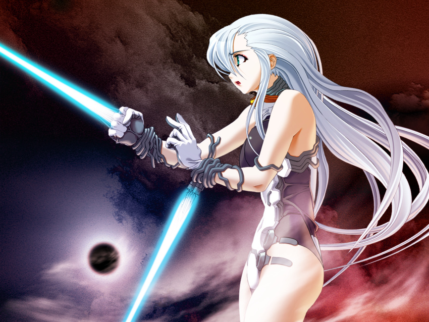 1girl bare_legs covered_navel cowboy_shot demonbane eclipse floating_hair from_side game_cg gloves green_eyes hair_between_eyes leotard long_hair metatron_(demonbane) nishii_(nitroplus) official_art open_mouth profile silver_hair solo standing very_long_hair white_gloves