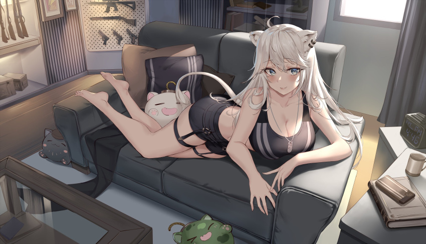 1girl ahoge animal_ear_fluff animal_ears bangs bare_arms bare_legs bare_shoulders barefoot black_shorts black_sports_bra blush book breasts cellphone cleavage clock closed_mouth commentary couch cup curtains digital_clock dog_tags ear_piercing eyebrows_visible_through_hair fang fang_out full_body grey_eyes gun hair_between_eyes handgun highres hololive indoors large_breasts lion_ears lion_girl lion_tail long_hair looking_at_viewer lying on_couch on_side pdxen phone piercing pillow rifle shishiro_botan shorts shotgun silver_hair skin_fang smartphone smile sniper_rifle solo sports_bra ssrb symbol-only_commentary tail virtual_youtuber weapon window