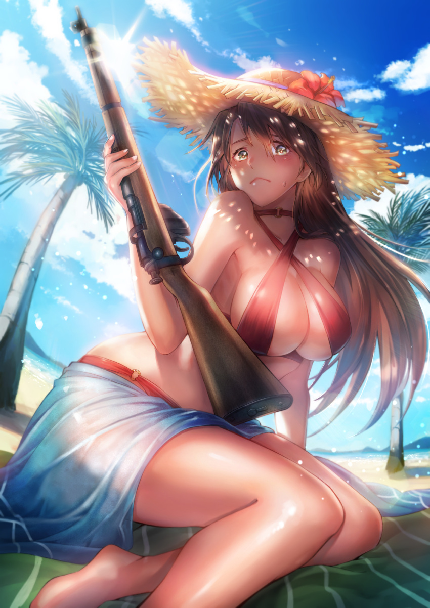 1girl alternate_costume beach blush breasts brown_hair cloud cloudy_sky commentary day english_commentary girls'_frontline green_eyes gun hat highres holding holding_gun holding_weapon huamuan_huamuan large_breasts lee-enfield lee-enfield_(girls'_frontline) long_hair palm_tree rifle sky sling_bikini_top straw_hat sweatdrop swimsuit tree weapon