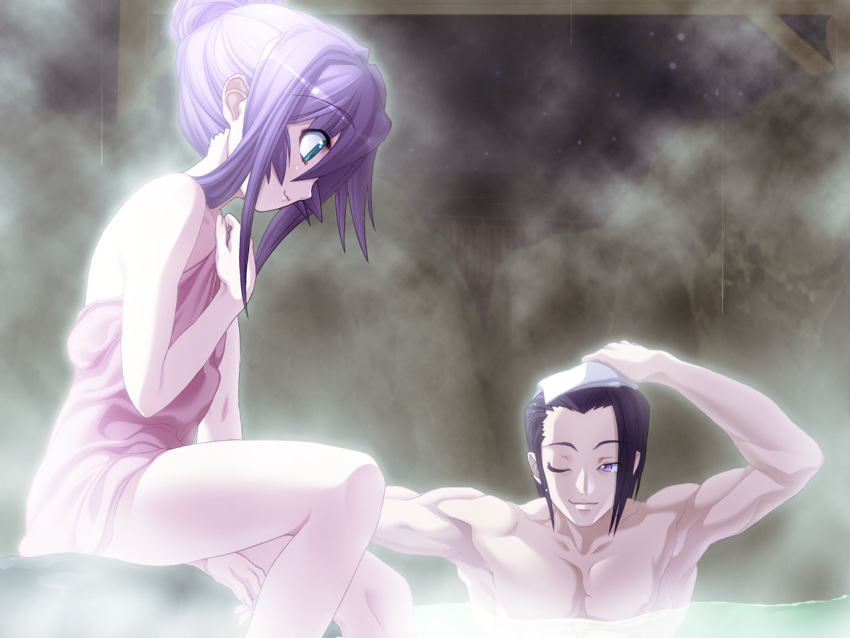 1boy 1girl al_azif arm_up armpits blue_eyes closed_mouth collarbone daijuuji_kurou demonbane game_cg long_hair naked_towel nishii_(nitroplus) official_art one_eye_closed onsen partially_submerged profile purple_eyes purple_hair shiny shiny_hair sitting smile smug steam tied_hair towel towel_on_head