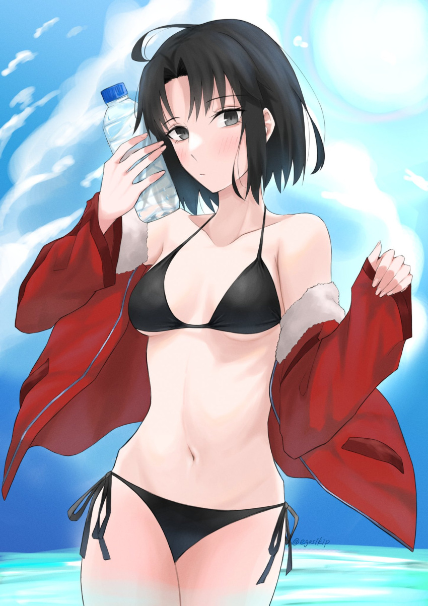 1girl bikini black_bikini black_eyes black_hair blush bottle breasts coat collarbone contrapposto egomeshi expressionless fate/grand_order fate_(series) fingernails fur-trimmed_coat fur_trim groin halter_top halterneck highres horizon jacket kara_no_kyoukai long_fingernails looking_at_viewer medium_breasts navel pixiv_fate/grand_order_contest_1 red_jacket ryougi_shiki short_hair side-tie_bikini sidelocks solo string_bikini swimsuit twitter_username water water_bottle