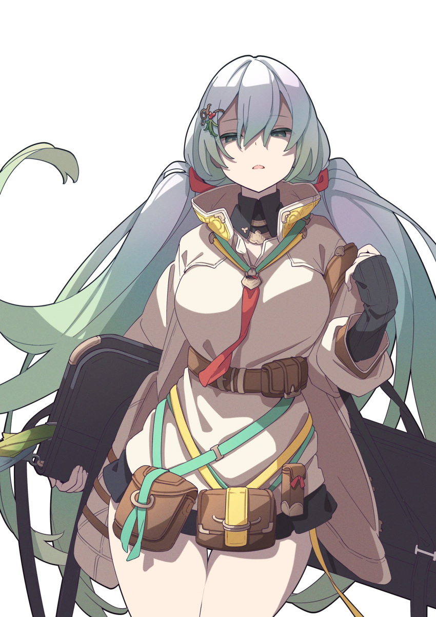 1girl bag bangs belt black_skirt breasts brown_coat coat commentary_request cowboy_shot cropped_legs cupitan_(granblue_fantasy) gradient_hair granblue_fantasy green_eyes green_hair hair_between_eyes hair_ornament hair_scrunchie high_collar highres holding holding_bag large_breasts long_hair long_sleeves low_twintails mikokomiyazawa miniskirt multicolored_hair open_mouth parted_lips scrunchie shaded_face simple_background skirt sleeves_past_wrists solo thigh_gap thighs twintails utility_belt weapon_case white_background