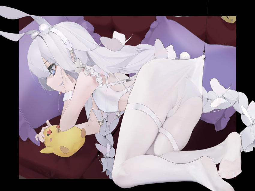+_+ 1girl absurdres animal_ears azur_lane blue_eyes braid breasts butterfly_hair_ornament chinese_commentary commentary_request couch drooling fake_animal_ears fake_tail feet fishing_hook fishing_line hair_ornament hairband highres hook le_malin_(azur_lane) le_malin_(listless_lapin)_(azur_lane) legs long_hair low_twin_braids manjuu_(azur_lane) mouth nanonuo no_shoes open_mouth pillow playboy_bunny rabbit_ears rabbit_tail saliva silver_hair sleeveless small_breasts soles spitting tail thigh_strap tongue twin_braids very_long_hair wrist_cuffs