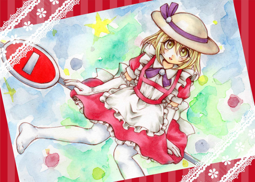 1girl :d alternate_color apron bangs blonde_hair bowler_hat collared_shirt commentary_request dress dutch_angle elbow_gloves eyebrows_visible_through_hair eyes_visible_through_hair frilled_dress frills gloves hair_between_eyes hat hat_ribbon highres io_(maryann_blue) kana_anaberal lace looking_at_viewer maid_apron no_shoes official_alternate_costume open_mouth painting_(medium) pantyhose puffy_short_sleeves puffy_sleeves purple_ribbon red_dress ribbon road_sign shirt short_hair short_sleeves sign sitting smile solo tongue touhou touhou_(pc-98) traditional_media waist_apron watercolor_(medium) white_gloves white_headwear white_legwear yellow_eyes