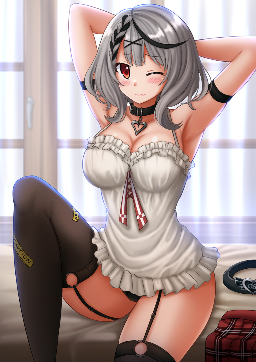 1girl arm_strap armpits arms_behind_head arms_up bare_shoulders belt belt_removed black_choker black_legwear black_panties breasts camisole choker cleavage closed_mouth fang frilled_shirt frills garter_straps grey_hair hair_ornament highres hololive kazenokaze knee_up large_breasts looking_at_viewer one_eye_closed panties panty_peek plaid plaid_skirt red_eyes red_skirt sakamata_chloe shirt short_hair sitting skirt skirt_removed sleeveless sleeveless_shirt solo spaghetti_strap thighhighs thighs underwear virtual_youtuber white_shirt x_hair_ornament