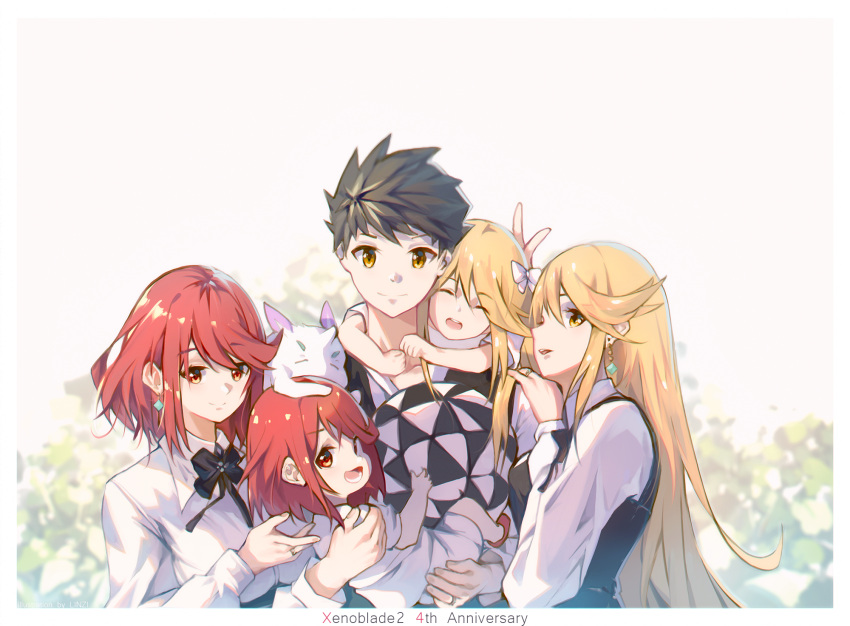 4girls anniversary azurda_(xenoblade) blonde_hair brown_hair child copyright_name earrings family father_and_daughter formal good_end happy highres holding_person if_they_mated jewelry linzi looking_at_viewer mother_and_daughter multiple_girls mythra_(xenoblade) polygamy pyra_(xenoblade) red_hair rex_(xenoblade) upper_body xenoblade_chronicles_(series) xenoblade_chronicles_2