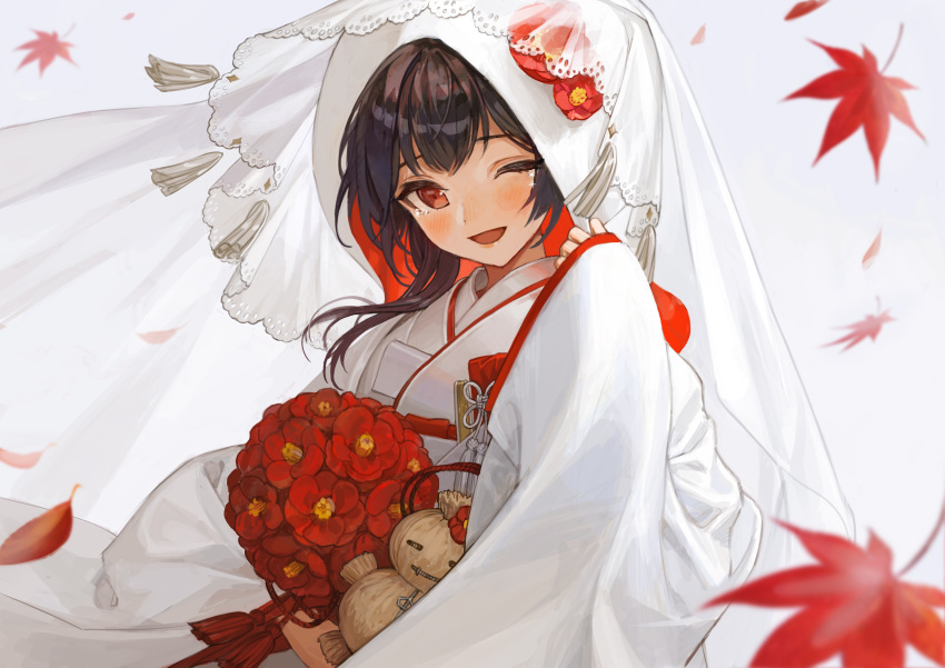 1girl ;d absurdres asymmetrical_hair autumn_leaves bangs black_hair blush bouquet closed_fan doll flower folding_fan hand_fan happy highres holding holding_bouquet hood idolmaster idolmaster_shiny_colors japanese_clothes kimono lace-trimmed_veil lace_trim leaf long_sleeves looking_at_viewer maple_leaf morino_rinze one_eye_closed red_eyes red_flower saber_beam sidelocks simple_background sleeves_past_wrists smile solo straw_doll tassel tears tsunokakushi two-sided_fabric uchikake upper_body veil white_background white_kimono wide_sleeves wind