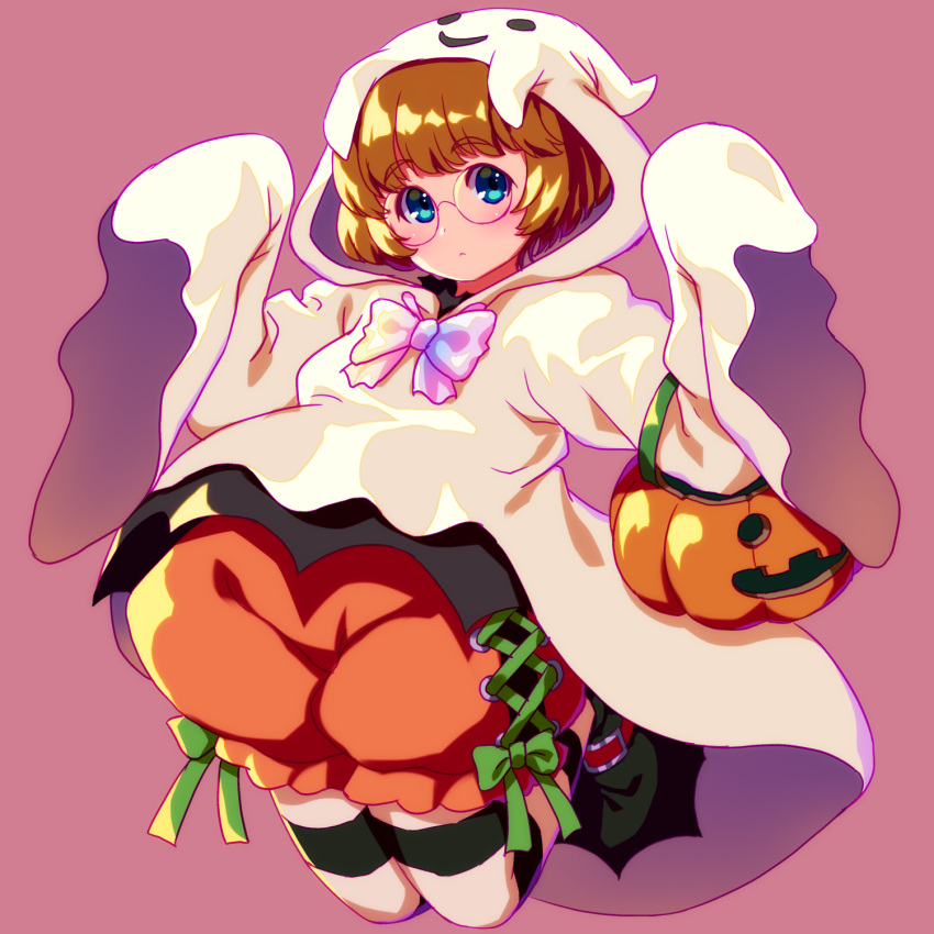 1girl bangs black_legwear blue_eyes brown_hair closed_mouth commentary_request full_body ghost_costume glasses grey_background halloween halloween_bucket halloween_costume highres ichinose_minori legs_up light_frown looking_at_viewer orange_shorts pantyhose partial_commentary precure pumpkin_pants rimless_eyewear round_eyewear sayousuke short_hair shorts simple_background sleeves_past_fingers sleeves_past_wrists solo striped striped_legwear tropical-rouge!_precure