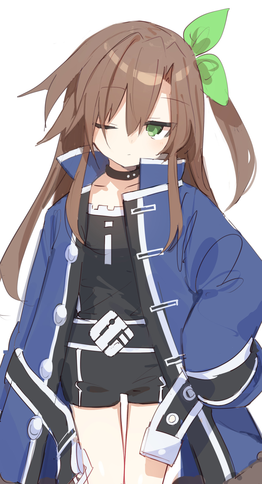 1girl absurdres blush brown_hair buran_buta choker compa eyebrows_visible_through_hair hair_between_eyes hair_ornament hairband highres if_(neptune_series) jacket leaf_hair_ornament looking_at_viewer neptune_(series) one_eye_closed simple_background sketch white_background