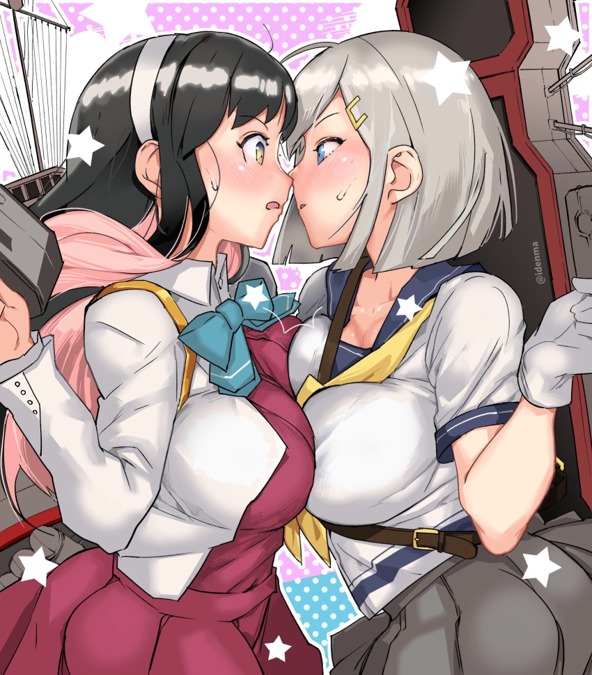 2girls adapted_turret black_hair blazer blue_bow blue_bowtie blue_eyes blue_sailor_collar bow bowtie breast_press breasts cannon dress eye_contact gloves grey_skirt hair_ornament hair_over_one_eye hairclip hamakaze_(kancolle) highres igarasy jacket kantai_collection large_breasts long_hair looking_at_another machinery multicolored_hair multiple_girls naganami_(kancolle) pink_hair pleated_dress pleated_skirt purple_dress remodel_(kantai_collection) sailor_collar school_uniform serafuku short_hair silver_hair skirt symmetrical_docking turret white_gloves white_hair yellow_eyes yuri