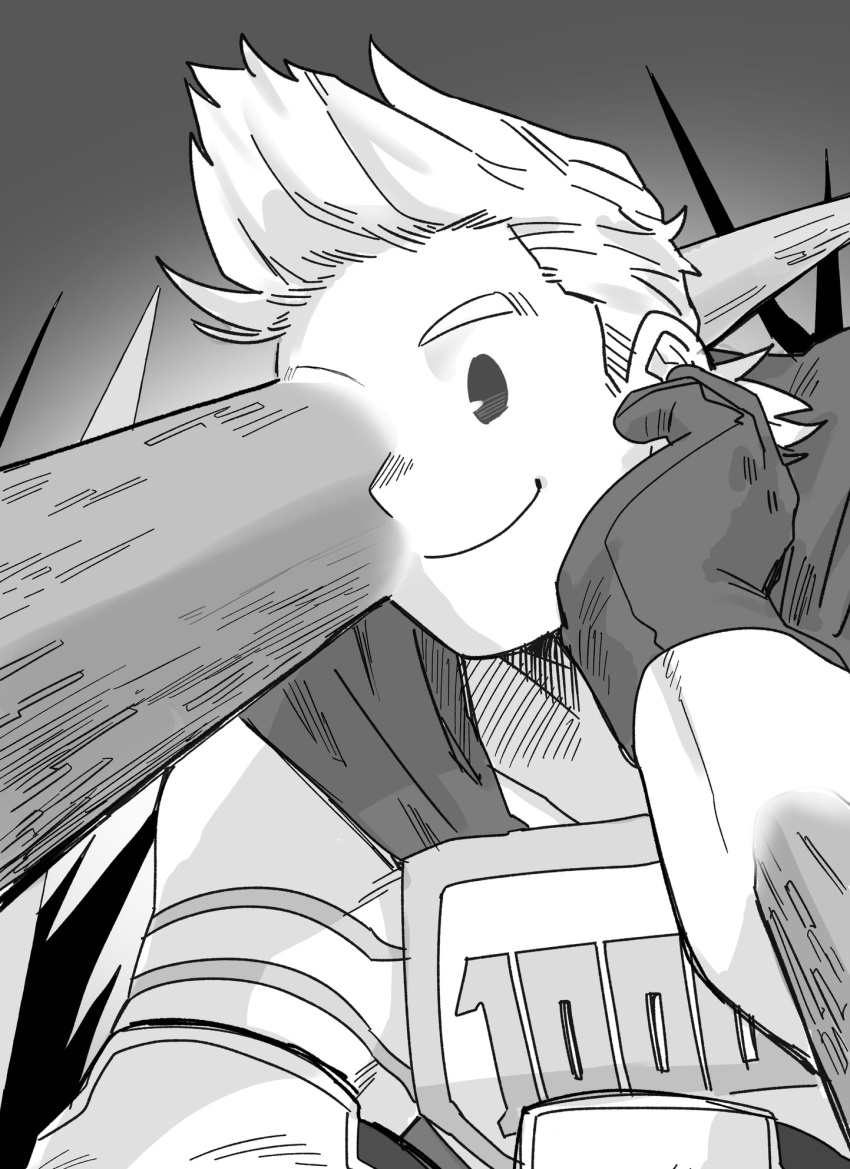 1boy boku_no_hero_academia cape closed_mouth costume gloves gradient gradient_background greyscale hada_(minhw215) hand_on_own_face highres intangible looking_down male_focus monochrome quiff smile solo spikes squatting superhero togata_mirio upper_body