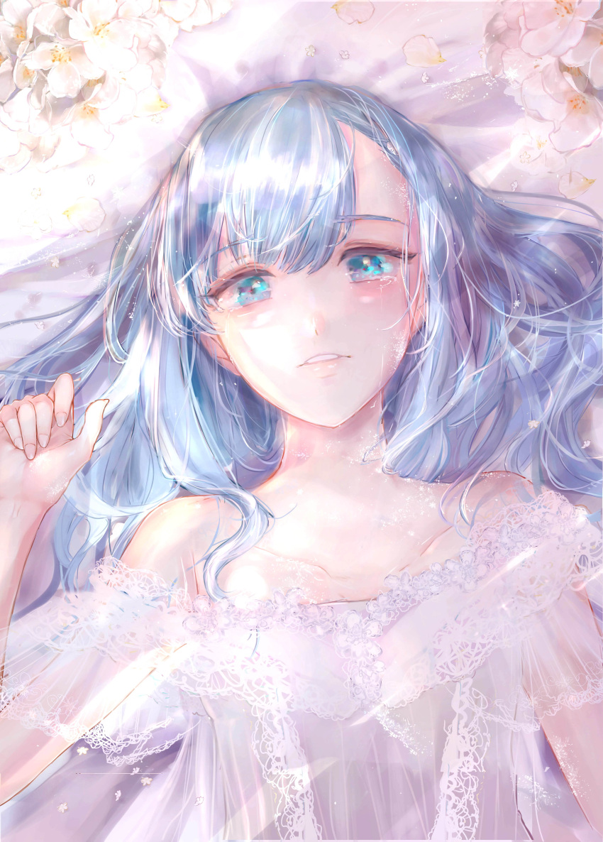 1girl absurdres arare999 blue_eyes blue_hair code_geass flower highres lace lingerie long_hair looking_at_viewer lying negligee nunnally_lamperouge on_back solo tears underwear unusually_open_eyes