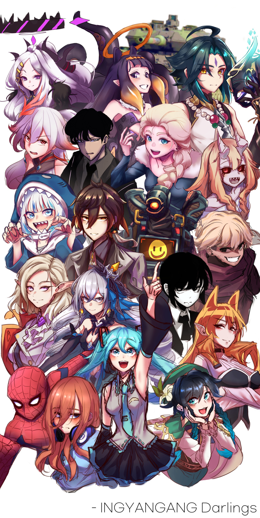 6+boys 6+girls :d absurdres animal_hood annotation_request apex_legends armpits artist_name azazel bangs beret black_eyes black_hair black_skirt black_sleeves blue_archive blue_dress blue_eyes blue_hair blue_necktie blush braid braided_ponytail bronya_zaychik bronya_zaychik_(herrscher_of_reason) brown_eyes brown_hair character_request closed_eyes copyright_request crossover dress elsa_(frozen) fish_tail forehead forehead_jewel frozen_(disney) fu_hua fu_hua_(phoenix) gawr_gura genshin_impact go-toubun_no_hanayome green_eyes green_hair green_headwear grey_shirt grin ground_vehicle hair_between_eyes hair_ornament halo hands_on_own_cheeks hands_on_own_face hat hatsune_miku headphones headphones_around_neck highres hina_(blue_archive) holding holding_mask hololive hololive_english honkai_(series) honkai_impact_3rd hood horns index_finger_raised ingyanggang_201 long_hair long_sleeves looking_at_viewer marvel mask mihoyo_technology_(shanghai)_co._ltd. military military_vehicle monochrome monster_girl motor_vehicle multicolored_hair multiple_boys multiple_crossover multiple_girls nakano_miku necktie ninomae_ina'nis open_mouth orange_hair partially_annotated pathfinder_(apex_legends) player_(webtoon) pointing pointy_ears polo_shirt purple_eyes purple_hair red_eyes robot scylla shark_girl shark_hood shark_tail sharp_teeth shirt short_hair skirt sleeveless smile spider-man spider-man_(series) streaked_hair tail tank teeth twintails venti_(genshin_impact) virtual_youtuber white_background white_hair xiao_(genshin_impact) zhongli_(genshin_impact)