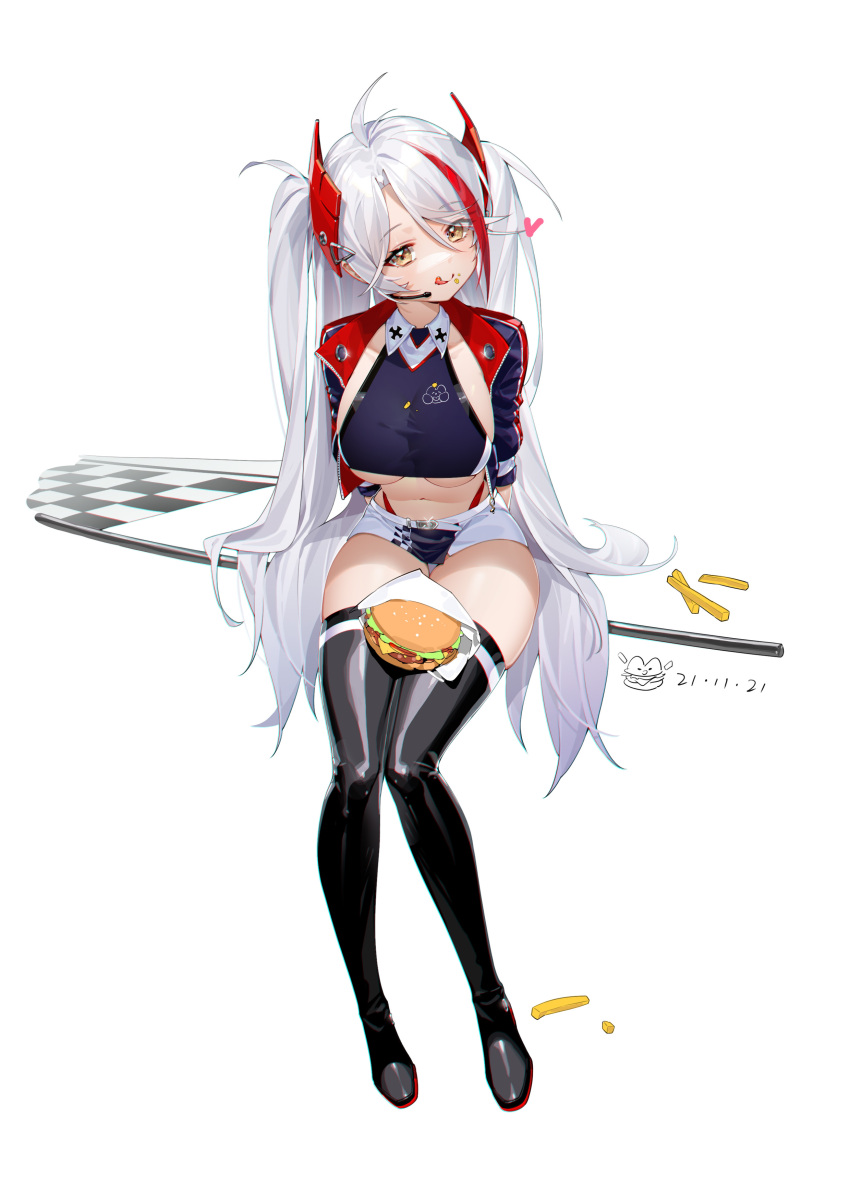 1girl :q absurdres antenna_hair arms_behind_back azur_lane bangs belt black_footwear boots breasts burger checkered checkered_flag collarbone collared_shirt commentary crop_top cropped_jacket cropped_shirt cross dated earpiece eyebrows_visible_through_hair flag food food_on_clothes food_on_face french_fries full_body hair_between_eyes head_tilt heart highleg highleg_panties highres iron_cross jacket large_breasts leaning_forward long_hair looking_at_viewer miniskirt multicolored_hair navel official_alternate_costume open_clothes open_jacket panties prinz_eugen_(azur_lane) prinz_eugen_(final_lap)_(azur_lane) purple_jacket purple_shirt purple_skirt race_queen red_hair red_panties shirt sidelocks silver_hair simple_background sitting skindentation skirt sleeveless sleeveless_shirt smile solo stomach streaked_hair tangdouji_(machine) taut_clothes taut_shirt thigh_boots thighhighs tongue tongue_out two-tone_skirt two_side_up underboob underwear very_long_hair white_background white_belt white_skirt yellow_eyes zettai_ryouiki