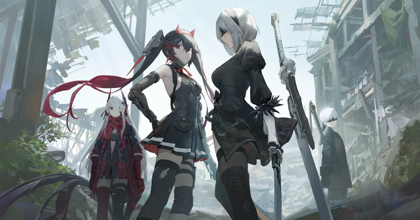 1boy 3girls bangs black_dress black_footwear black_gloves black_jacket black_legwear black_shorts blindfold boots breasts building crossover dress gloves grey_sky hair_over_one_eye highres holding holding_sword holding_weapon holster jacket long_hair lucia_(punishing:_gray_raven) lucia_s_crimson_abyss mechanical_arms medium_breasts mole mole_under_mouth mossi multicolored_hair multiple_girls neck_ribbon nier_(series) nier_automata outdoors pleated_dress puffy_sleeves punishing:_gray_raven red_eyes red_legwear red_neckwear red_scarf ribbon ruins scarf short_hair shorts single_mechanical_arm single_thighhigh small_breasts sword thigh_boots thigh_holster thigh_strap thighhighs twintails two-tone_gloves two-tone_hair weapon white_hair yorha_no._2_type_b yorha_no._9_type_s
