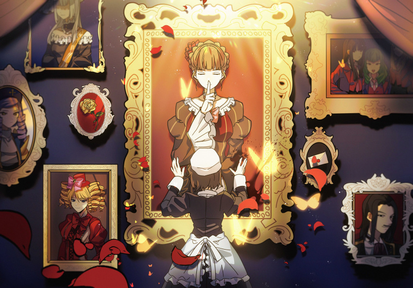 1boy 6+girls absurdres beatrice_(umineko) black_hair blonde_hair brown_hair bug butterfly dlanor_a._knox facing_away framed_image gaap_(umineko) highres kiliko-san leviathan_(umineko) lucifer_(umineko) mammon_(umineko) multiple_girls painting_(object) petals ronove_(umineko) shannon_(umineko) spoilers stakes_of_purgatory umineko_no_naku_koro_ni virgilia_(umineko)