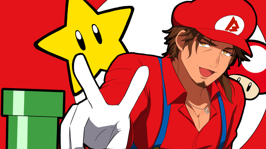 1boy :d belmond_banderas brown_eyes brown_hair choco_(chocovix112) collared_shirt cosplay dress_shirt facial_hair flat_cap gloves hat highres long_sleeves looking_at_viewer male_focus mario mario_(cosplay) mario_(series) nijisanji pipes red_background red_headwear red_shirt shirt smile solo star_(symbol) starman_(mario) stubble super_mushroom thick_eyebrows two-tone_background v v-shaped_eyebrows virtual_youtuber white_background white_gloves