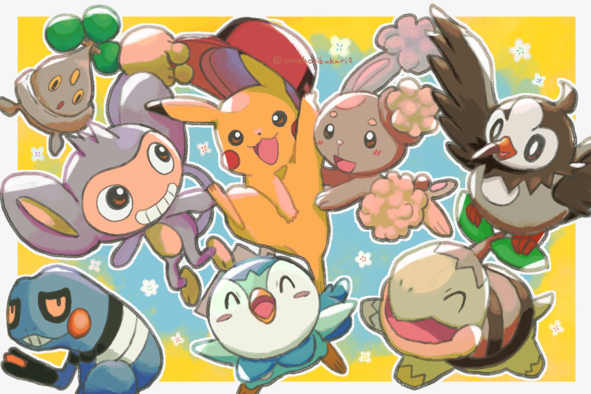 :d aipom baseball_cap blush bonsly buneary commentary_request croagunk grin hat highres no_humans open_mouth outline pikachu piplup pokemon pokemon_(creature) red_headwear smile starly tongue turtwig umebosibakari2