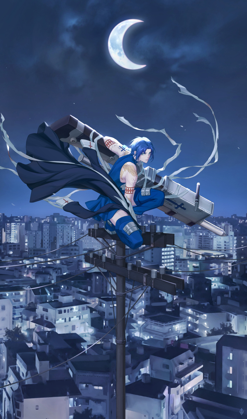 1girl absurdres aqua_eyes bandages bangs bare_shoulders blue_dress blue_footwear blue_hair blue_legwear building ciel_(tsukihime) city closed_mouth cloud commentary_request crescent_moon cross_tattoo dress floating_hair forehead gloves gun habit highres holding holding_gun holding_weapon looking_at_viewer moon night night_sky nun outdoors parted_bangs pole powerd_ciel serious seventh_holy_scripture short_dress short_hair sky sleeveless sleeveless_dress solo squatting tattoo thedaw0 thighhighs tsukihime utility_pole weapon white_gloves wing_tattoo