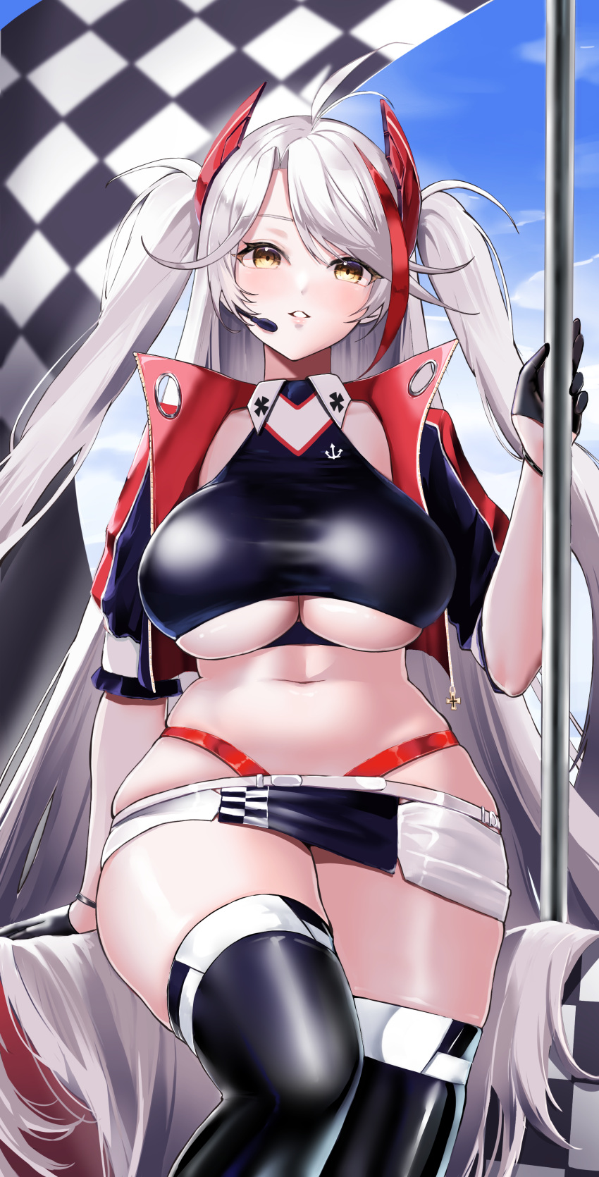 1girl absurdres ahoge azur_lane black_gloves blue_sky breasts checkered cropped_jacket flag gloves headset highres iron_blood_(emblem) large_breasts leaning_back long_hair looking_at_viewer marumai microphone midriff miniskirt multicolored_hair navel official_alternate_costume parted_lips prinz_eugen_(azur_lane) prinz_eugen_(final_lap)_(azur_lane) race_queen red_hair skindentation skirt sky solo streaked_hair thighhighs thong twintails underboob very_long_hair white_hair yellow_eyes