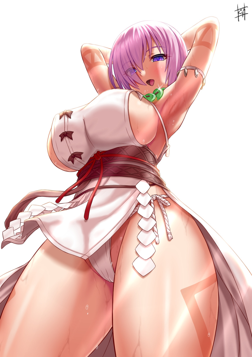 1girl armpits arms_behind_head arms_up bangs bare_shoulders blush body_markings breasts cosplay dress fate/grand_order fate_(series) fundoshi hair_over_one_eye highres himiko_(fate) himiko_(fate)_(cosplay) japanese_clothes kuraikurairey large_breasts light_purple_hair looking_at_viewer magatama magatama_necklace mash_kyrielight open_mouth purple_eyes sash short_hair side_slit sideboob smile solo thighs wet white_dress