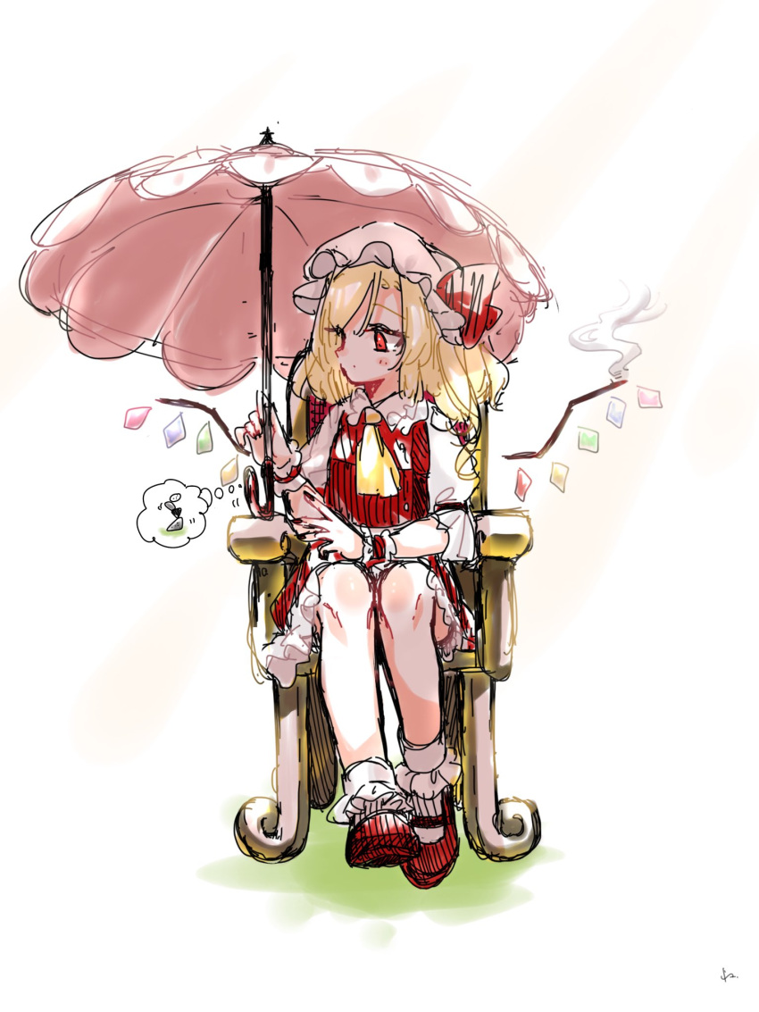 1girl ascot bangs black_nails blonde_hair blush chair closed_mouth collar collared_shirt commentary_request crystal dress eyebrows_visible_through_hair eyes_visible_through_hair flandre_scarlet grass hands_up hat hat_ribbon highres jewelry komori_(komo_ricecake) looking_to_the_side mob_cap multicolored_wings one_side_up puffy_short_sleeves puffy_sleeves red_dress red_eyes red_footwear red_ribbon ribbon rock rock_balancing shirt shoes short_hair short_sleeves simple_background sitting socks solo thought_bubble touhou umbrella white_background white_headwear white_legwear white_shirt wings wrist_cuffs yellow_ascot