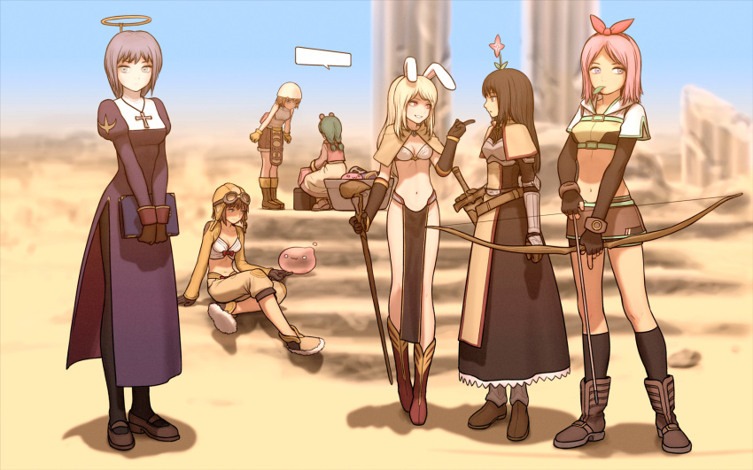 6+girls :3 animal_ears arrow_(projectile) belt black_gloves black_hair black_legwear blonde_hair blurry blurry_background book boots bow_(weapon) breasts brown_hair capelet commentary cross cross_necklace day desert dress elbow_gloves fake_halo fingerless_gloves flower flower_on_head gauntlets gloves goggles goggles_on_head green_hair grey_eyes hairband halo hat highres holding holding_book holding_bow_(weapon) holding_staff holding_weapon hunter_(ragnarok_online) index_finger_raised jewelry juliet_sleeves kneehighs light_purple_eyes long_hair long_sleeves looking_at_another looking_at_viewer mage_(ragnarok_online) medium_breasts medium_hair merchant_(ragnarok_online) midriff multiple_girls navel necklace novice_(ragnarok_online) outdoors pantyhose pelvic_curtain pink_eyes pink_hair poring priest_(ragnarok_online) puffy_sleeves purple_dress rabbit_ears ragnarok_online red_hairband ruins rustle sheath sheathed shoes short_hair short_sleeves side_slit slime_(creature) smile staff stomach sword swordsman_(ragnarok_online) thief_(ragnarok_online) v_arms weapon