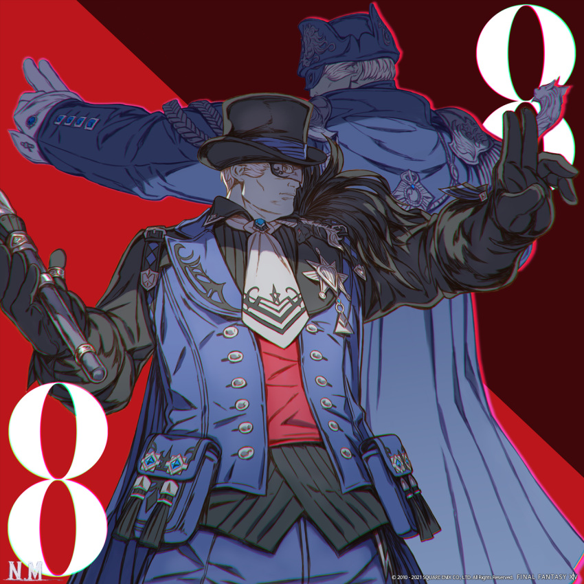 2boys ascot avatar_(ffxiv) black_gloves blue_mage cape copyright_name cuff_links domino_mask final_fantasy final_fantasy_xiv gloves hat highres jacket male_focus mask multiple_boys official_art red_shirt roegadyn shirt top_hat white_gloves white_hair