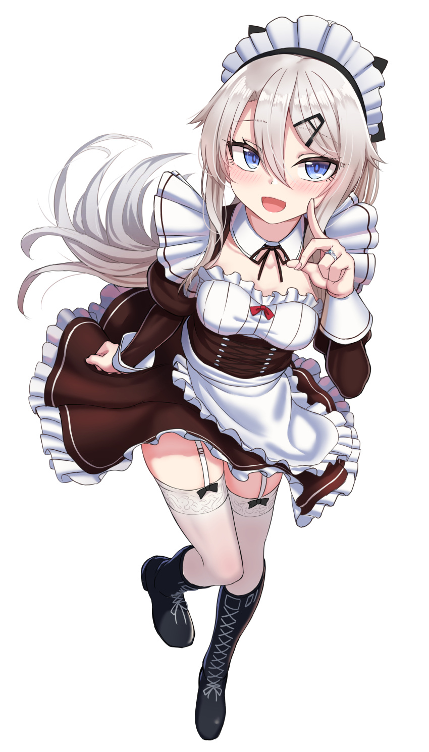 1girl 9a-91_(girls'_frontline) :d absurdres apron bangs black_footwear black_ribbon blue_eyes blush boots breasts brown_dress collar collarbone commentary_request detached_collar dress eyebrows_visible_through_hair frilled_dress frills full_body garter_straps girls'_frontline grey_hair hair_between_eyes hair_ornament highres juliet_sleeves knee_boots long_hair long_sleeves maid_headdress neck_ribbon puffy_sleeves ribbon simple_background small_breasts smile solo standing standing_on_one_leg thighhighs thighhighs_under_boots very_long_hair waist_apron white_apron white_background white_collar wing_collar yakob_labo