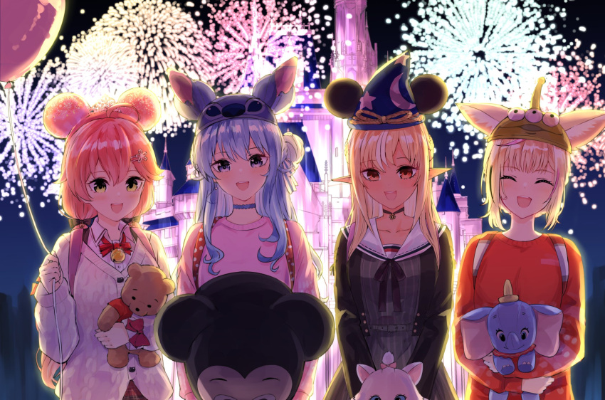 4girls :d aerial_fireworks alien_(toy_story) animal_ears balloon bangs bell black_jacket blonde_hair blue_choker blue_eyes blue_hair bow bowtie brown_choker brown_dress cardigan character_hat choker closed_eyes collared_shirt commentary_request disney doll_hug dress dumbo dumbo_(character) fake_animal_ears fantasia fireworks green_eyes hair_between_eyes hair_bun hat highres holding holding_balloon hololive hoshimachi_suisei jacket jingle_bell lilo_&amp;_stitch long_sleeves looking_at_viewer marie_(the_aristocats) mickey_mouse mickey_mouse_ears mouse_ears multicolored_hair multiple_girls neck_bell object_hug omaru_polka pink_hair pink_shirt pooh red_bow red_bowtie red_eyes red_hair red_shirt sakura_miko shiranui_flare shirt smile star_(symbol) star_in_eye stitch_(lilo_&amp;_stitch) streaked_hair striped striped_dress stuffed_animal stuffed_cat stuffed_elephant stuffed_toy symbol_in_eye teddy_bear the_aristocats the_sorcerer's_apprentice toy_story vertical-striped_dress vertical_stripes virtual_youtuber white_cardigan white_hair winnie_the_pooh wizard_hat yuu201023