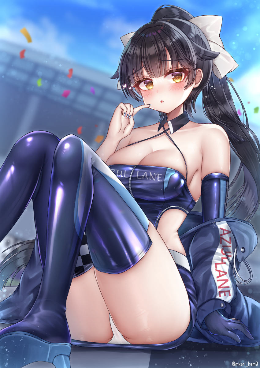 1girl absurdres artist_name asymmetrical_gloves azur_lane back_cutout bare_shoulders belt black_hair blue_nails blush boots breasts cleavage clothing_cutout confetti cosplay dress enterprise_(azur_lane) enterprise_(azur_lane)_(cosplay) enterprise_(wind_catcher)_(azur_lane) eyebrows_visible_through_hair fingerless_gloves gloves halter_dress halterneck high_heels high_ponytail highres himeno_ame large_breasts long_hair looking_at_viewer microdress nail_polish official_alternate_costume outdoors panties pantyshot ponytail purple_dress purple_footwear race_queen racetrack single_fingerless_glove sitting solo takao_(azur_lane) thigh_boots thighhighs twitter_username underwear uneven_gloves very_long_hair white_belt white_panties yellow_eyes