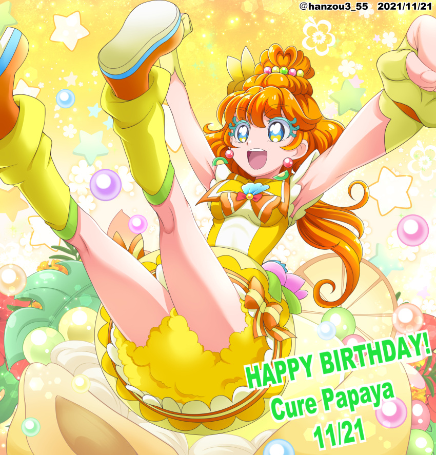 1girl :d armpits bangs blue_eyes breasts colored_eyelashes cure_papaya earrings eyebrows_visible_through_hair eyelashes fingerless_gloves floating_hair gloves hair_between_eyes hanzou happy_birthday highres ichinose_minori jewelry leg_warmers long_hair miniskirt mismatched_eyelashes orange_hair precure sailor_collar shiny shiny_hair skirt small_breasts smile solo tropical-rouge!_precure yellow_gloves yellow_legwear yellow_sailor_collar yellow_skirt