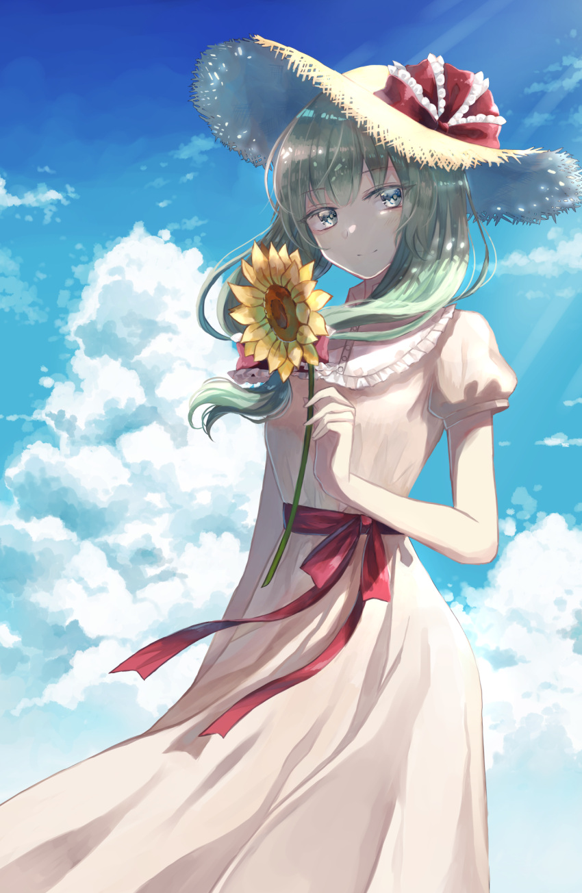 1girl alternate_costume blue_sky breasts brown_headwear closed_mouth cloud cloudy_sky day dress eyebrows_visible_through_hair flower frilled_ribbon frilled_shirt_collar frills from_below front_ponytail green_eyes green_hair hair_ribbon hat hat_ribbon highres holding holding_flower kagiyama_hina looking_at_viewer looking_down medium_hair miyakure puffy_short_sleeves puffy_sleeves red_ribbon ribbon short_sleeves sky small_breasts smile solo straw_hat sunflower touhou white_dress yellow_flower