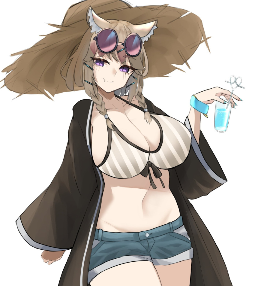 1girl animal_ear_fluff animal_ears arknights bikini bikini_top black_coat black_hair blue_nails blue_shorts blush bracelet braid breasts cleavage closed_mouth coat commentary cowboy_shot crazy_straw cup denim denim_shorts drink drinking_straw eyebrows_visible_through_hair eyewear_on_head fang grey_bikini hair_ornament hairclip hat heart_straw highres holding holding_cup jewelry large_breasts light_brown_hair looking_at_viewer medium_hair nail_polish navel official_alternate_costume open_clothes open_coat panda_ears purple-tinted_eyewear purple_eyes round_eyewear short_shorts shorts silver_hair simple_background skin_fang smile solo standing stomach straw_hat striped striped_bikini swimsuit swimsuit_cover-up tinted_eyewear twin_braids twintails unknownnoname0 utage_(arknights) utage_(summer_flowers)_(arknights) white_background
