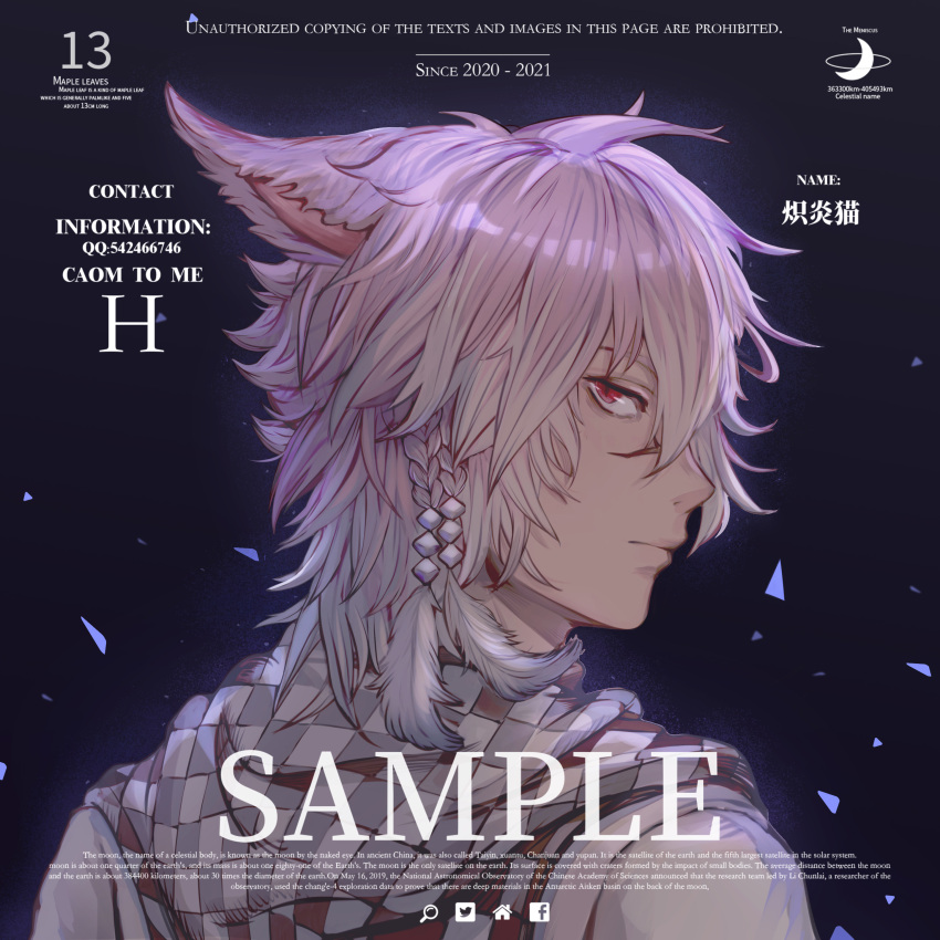 1boy absurdres animal_ears artist_name avatar_(ffxiv) cat_ears checkered checkered_scarf closed_mouth earrings english_text expressionless feather_earrings feathers final_fantasy final_fantasy_xiv from_behind grey_hair highres huizhoumao jewelry looking_at_viewer looking_back male_focus miqo'te portrait red_eyes scar scar_on_face scar_on_nose scarf short_hair solo