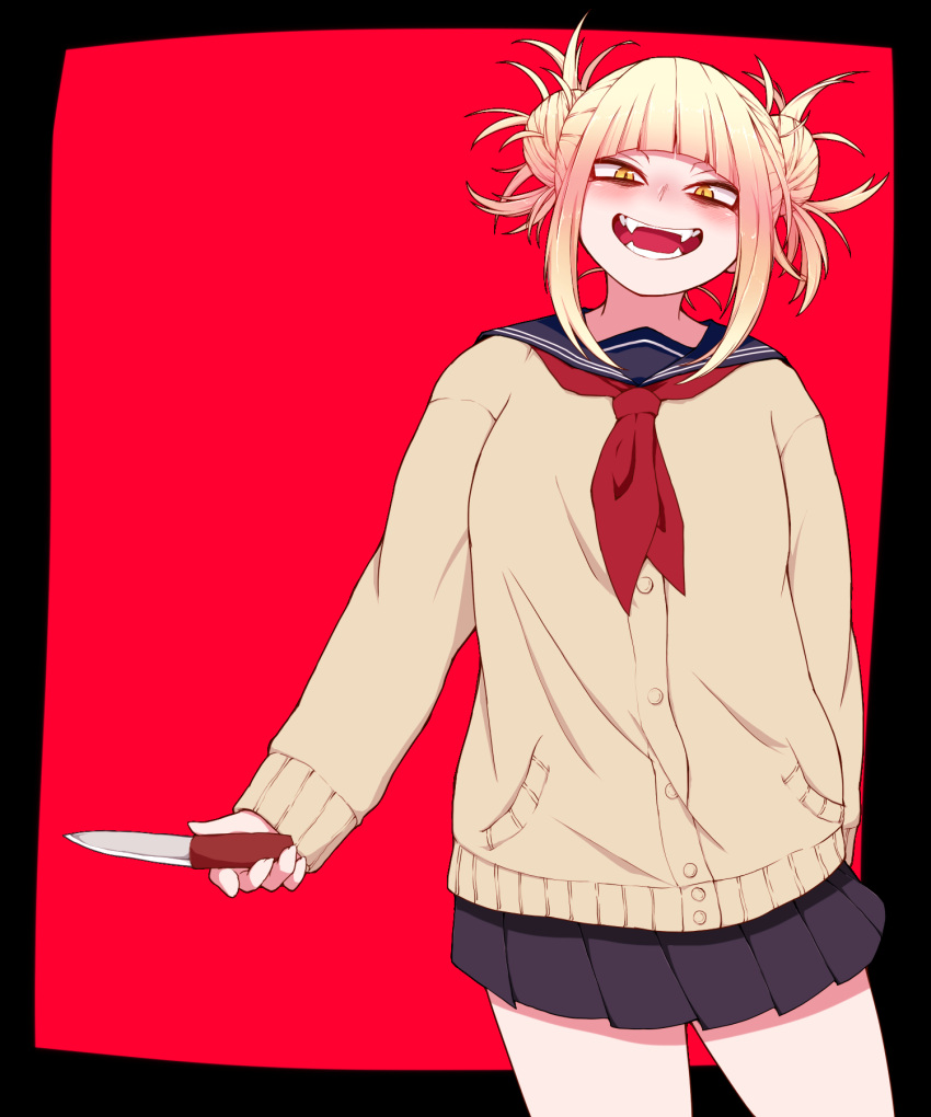 1girl boku_no_hero_academia cardigan double_bun fangs highres knife_in_head okumari open_mouth sailor_collar school_uniform solo toga_himiko