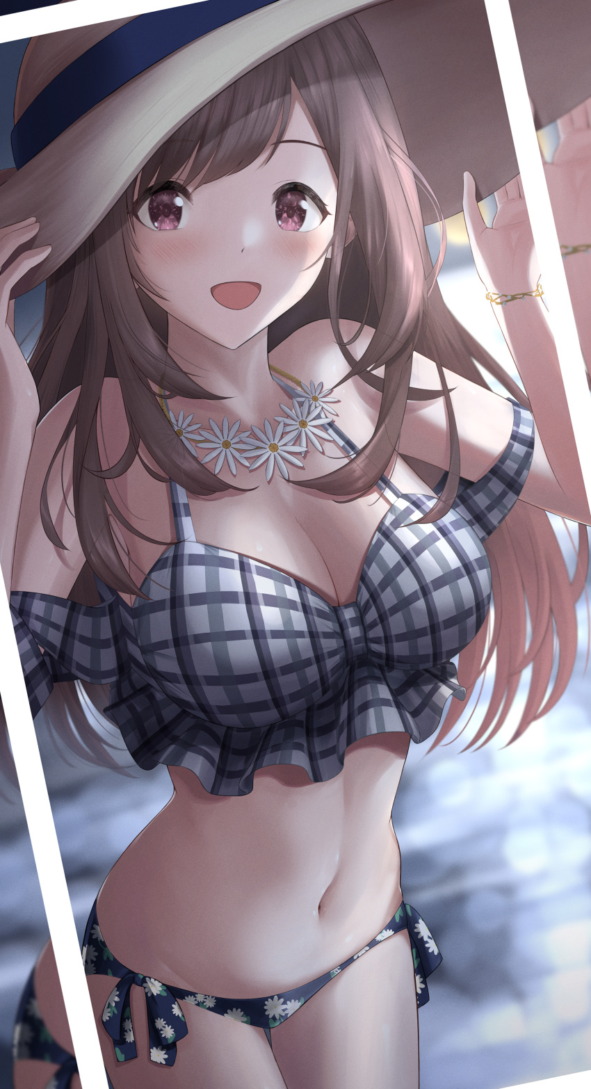 1girl absurdres bikini blush bracelet breasts brown_hair cleavage eyebrows_visible_through_hair flower flower_necklace hands_on_headwear hat highres holding idolmaster idolmaster_shiny_colors jewelry large_breasts long_hair looking_at_viewer navel necklace oka_yuto open_mouth smile solo straw_hat swimsuit tsukioka_kogane