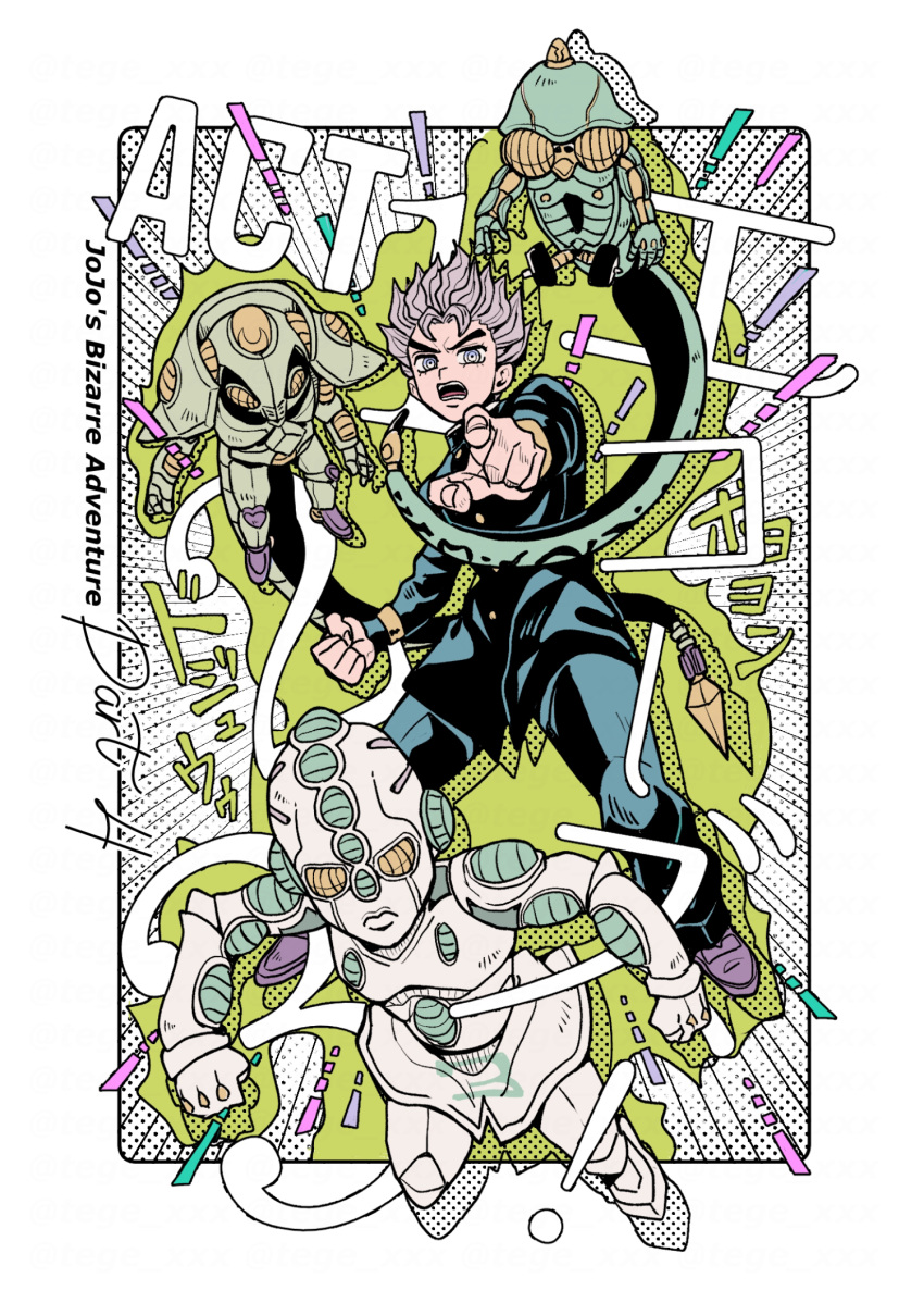 1boy 3others aura character_name clenched_hand commentary copyright_name diamond_wa_kudakenai drop_shadow echoes_(stand) echoes_act1 echoes_act2 echoes_act3 emphasis_lines foreshortening furrowed_brow gakuran grey_eyes grey_hair halftone highres hirose_koichi jojo_no_kimyou_na_bouken looking_at_viewer male_focus multiple_others open_mouth outside_border pointing pointing_at_viewer ringed_eyes school_uniform short_hair sound_effects stand_(jojo) tege_(tege_xxx)