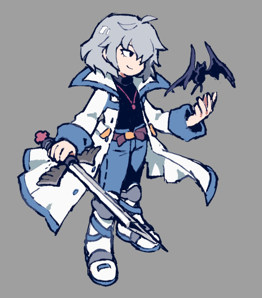 1boy akiyoku animal bat belt black_eyes castlevania castlevania:_aria_of_sorrow chibi closed_mouth coat commentary denim english_commentary full_body grey_background grey_hair hair_over_one_eye highres holding holding_sword holding_weapon jeans jewelry male_focus necklace open_clothes open_coat pants simple_background smile soma_cruz standing sword turtleneck weapon white_coat white_footwear