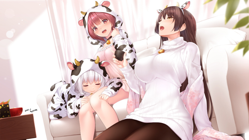 3girls adjusting_hood animal_costume animal_ears animal_print arm_at_side arm_support bangs bell blurry bokeh bowl breasts brown_hair brown_legwear camisole character_request chobipero choker closed_eyes closed_mouth commentary_request couch cow_costume cow_ears cow_hood cow_horns cow_print cow_tail cowbell cup curtains dated day depth_of_field dress dutch_angle extra_ears facing_viewer fake_animal_ears fake_horns feet_out_of_frame floral_print frills from_side gradient hairband hand_up hands_on_another's_thighs heavy_breathing highres holding holding_cup hood hood_up horns hot indoors lap_pillow large_breasts long_hair long_sleeves looking_at_viewer looking_away looking_up lying multiple_girls neck_bell on_floor on_side open_mouth pantyhose pillow pink_dress plant potted_plant red_eyes red_hair ribbed_sweater shawl sidelocks sitting sleeves_past_wrists smile straight_hair sweat sweater sweater_dress table tail tenka_hyakken tongue turtleneck turtleneck_sweater very_long_hair white_hair white_sweater yunomi