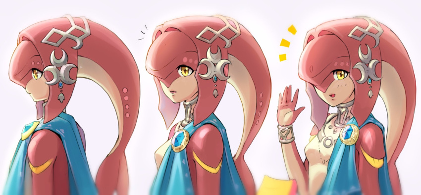 1girl bangs blush breasts colored_skin fins fish_girl from_side grey_background gxp hair_ornament highres jewelry long_hair looking_at_viewer looking_back mipha monster_girl multicolored_skin multiple_views no_eyebrows open_mouth pointy_ears profile red_hair red_skin small_breasts smile the_legend_of_zelda the_legend_of_zelda:_breath_of_the_wild yellow_eyes zora