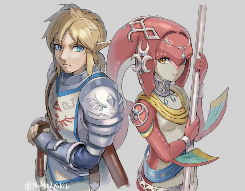 1boy 1girl armor bangs belt blonde_hair blue_belt blue_eyes breasts brown_eyes closed_mouth colored_skin earrings fins fish_girl gloves grey_background gxp hair_ornament highres holding holding_polearm holding_weapon jewelry link long_hair looking_at_viewer mipha monster_girl multicolored_skin no_eyebrows pointy_ears polearm red_hair red_skin shiny shiny_skin small_breasts smile soldier's_set_(zelda) sword the_legend_of_zelda the_legend_of_zelda:_breath_of_the_wild twitter_username weapon yellow_eyes zora