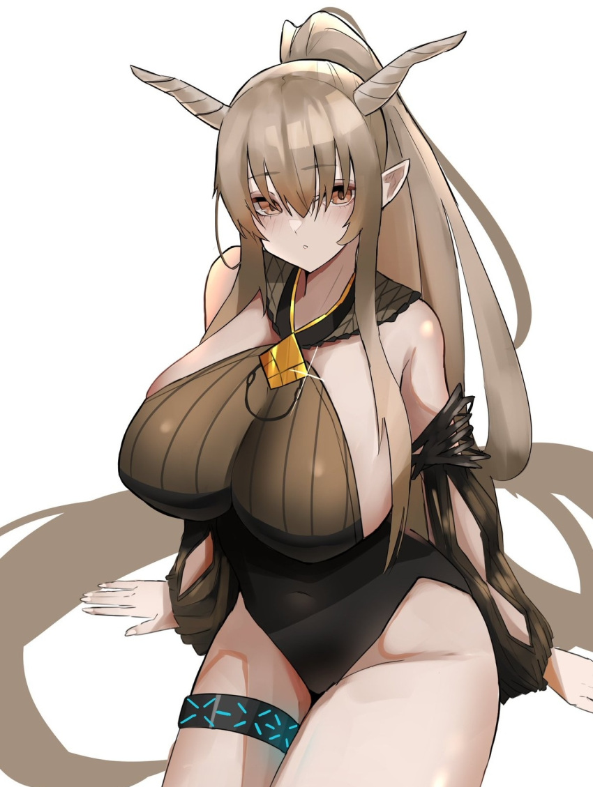 1girl :o absurdly_long_hair arknights bangs bare_shoulders black_swimsuit blush breasts brown_hair casual_one-piece_swimsuit commentary_request covered_navel detached_sleeves eyebrows_visible_through_hair from_above glint groin hair_between_eyes highres horns huge_breasts long_hair long_sleeves looking_at_viewer looking_up official_alternate_costume one-piece_swimsuit orange_eyes parted_lips pointy_ears ponytail shining_(arknights) shining_(silent_night)_(arknights) sideboob sidelocks sitting solo swimsuit thighlet unknownnoname0 very_long_hair