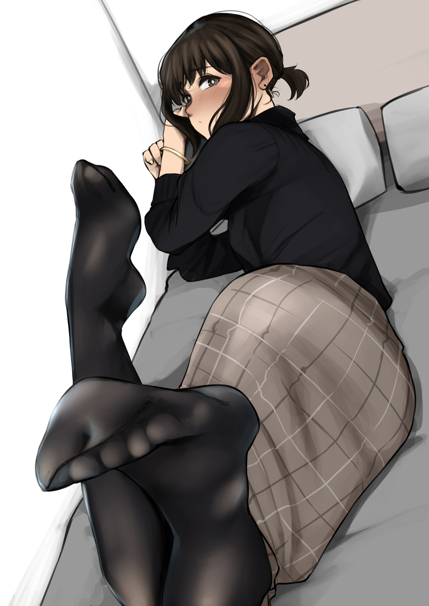 1girl absurdres black_legwear black_sweater blush bracelet brown_hair brown_skirt closed_mouth commentary douki-chan_(douki-chan) earrings feet feet_up foot_focus from_behind ganbare_douki-chan hands_up highres indoors jewelry legs looking_at_viewer looking_back lying no_shoes on_side pantyhose rain_prophet short_ponytail sidelocks skirt soles solo sweater