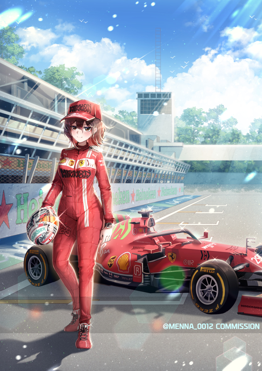 1girl animal baseball_cap bird blue_sky blush bodysuit breasts brown_eyes brown_hair car chain-link_fence closed_mouth cloud cloudy_sky commentary_request commission day fence ferrari formula_one glint ground_vehicle hat headwear_removed heineken helmet helmet_removed highres holding holding_helmet korean_commentary looking_at_viewer medium_breasts menna_(0012) motor_vehicle original outdoors racing_suit red_bodysuit red_headwear shell_(company) sky smile solo tower tree twitter_username vehicle_request
