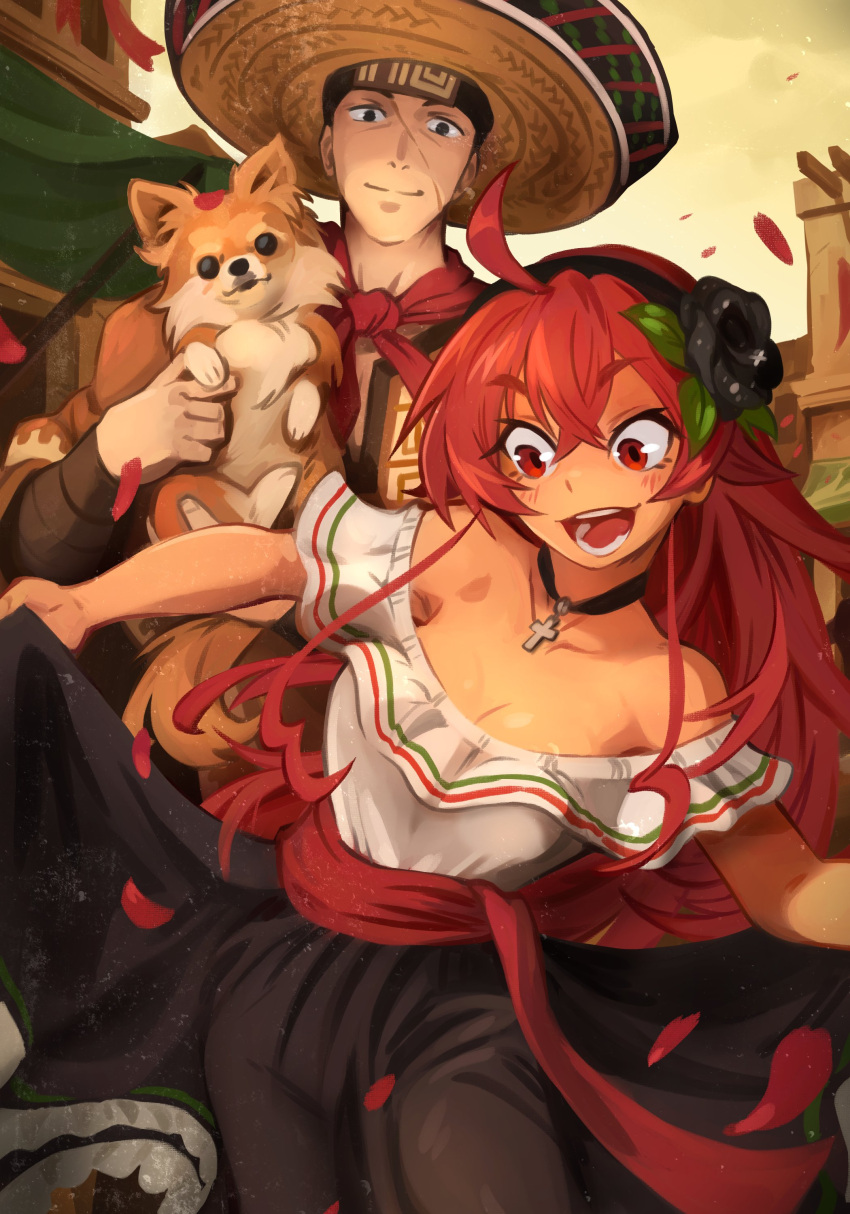 1boy 1girl absurdres ahoge animal bare_shoulders blush breasts cleavage closed_mouth eris_greyrat eyebrows_visible_through_hair hat highres holding holding_animal khyle. long_hair mexican_dress mushoku_tensei off-shoulder_shirt off_shoulder open_mouth outdoors petals red_eyes red_hair ruijerd_superdia scar scar_on_face shirt sombrero teeth tongue