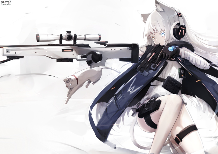 1girl ai_arctic_warfare animal_ears awp_(girls'_frontline)_(nekoya_(liu)) black_gloves bolt_action cat cat_ears dual_wielding finger_on_trigger girls'_frontline gloves gun handgun highres holding holding_gun holding_weapon long_hair mixed-language_commentary nekoya_(liu) original pistol rifle sig_sauer sig_sauer_p226 sniper_rifle thigh_strap trigger_discipline very_long_hair weapon white_hair