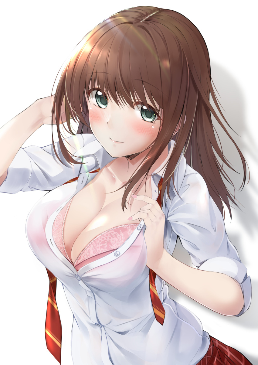 1girl absurdres bangs blush bra breasts brown_hair cleavage closed_mouth collarbone collared_shirt eyebrows_visible_through_hair green_eyes hand_in_hair hazuki_gyokuto highres large_breasts long_hair looking_at_viewer open_clothes open_shirt original pink_bra pleated_skirt red_skirt school_uniform shadow shirt sidelocks simple_background skirt sleeves_rolled_up smile solo underwear upper_body white_background white_shirt