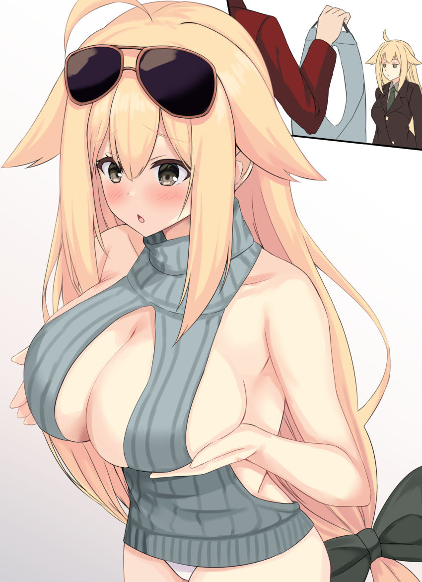 1girl ahoge blonde_hair breasts brown_eyes brown_jacket cleavage collarbone commander_(girls'_frontline) commentary_request dress eyewear_on_head girls'_frontline hair_flaps highres jacket large_breasts m1918_(girls'_frontline) meme_attire no_bra panties parted_lips red_jacket revealing_clothes scourer_14 self_fondle simple_background sunglasses sweater sweater_dress tied_hair underwear white_background white_panties